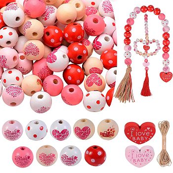 DIY Jewelry Making Kits, Including Heart & Round Printed Natural Wood Beads and Jute Cord, Mixed Color, Beads: 98pcs/set