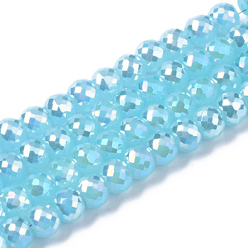 Electroplate Glass Beads Strands, AB Color Plated, Imitation Jade Glass, Faceted, Round, Medium Turquoise, 8x6mm, Hole: 1.2mm, about 80pcs/strand, 18.66~19.76 inch(47.4cm~50.2cm)