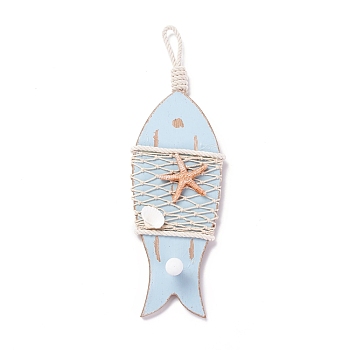 Mediterranean Style Fish Wood Hanging Pendant, Antique Wood Fish Ornament, for Home Wall Decor, Sky Blue, 316mm