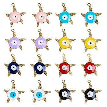 16Pcs 8 Colors Alloy Enamel Pendants, Cadmium Free & Nickel Free & Lead Free, Star with Evil Eye, Light Gold, Mixed Color, 26.5x24x3mm, Hole: 2mm, 2pcs/color