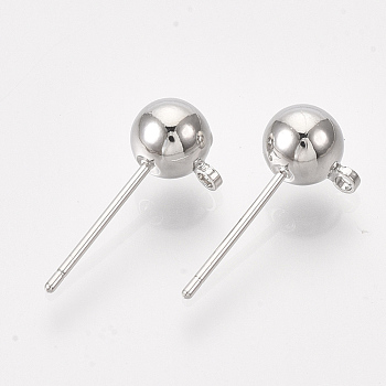 Brass Ball Stud Earring Findings, with Loop and Steel Pins, Real Platinum Plated, 18x6mm, Hole: 1.2mm, Pin: 0.8mm