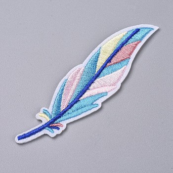 Computerized Embroidery Cloth Iron on/Sew on Patches, Costume Accessories, Appliques, for Backpacks, Clothes, Feather, Blue, 94x25x1.5mm