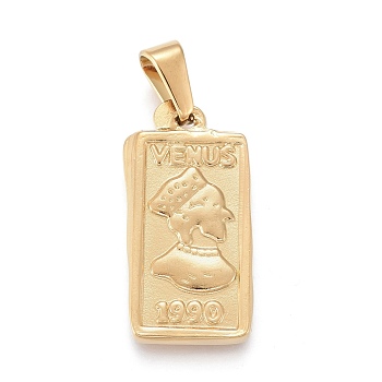 304 Stainless Steel Pendants, Rectangle with Venus, Golden, 25x12.5x2.5mm, Hole: 3.5x6.5mm