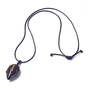Natural Tiger Eye Beaded Pendant Necklaces, Adjustable, with Waxed Cord, teardrop, 18.1~29.9 inch(46~76cm), 2mm