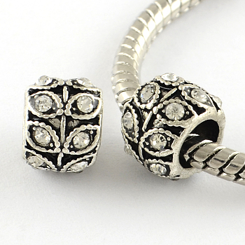 Antique Silver Plated Alloy Rhinestone Large Hole European Beads, Rondelle with Leaf, Crystal, 9x7mm, Hole: 5mm