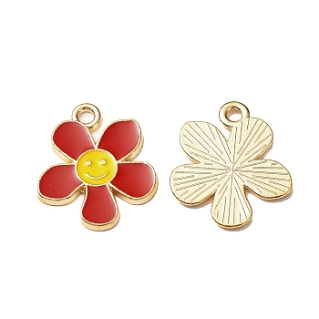 Alloy Enamel Pendants, Flower with Smiling Face Charm, Cadmium Free & Nickel Free & Lead Free, Golden, Red, 21.2~21.3x18x1.4~1.5mm, Hole: 2~2.2mm