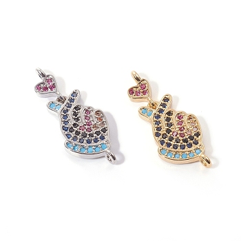 Brass Micro Pave Cubic Zirconia ASL Links connectors, Gesture For I Love You, Colorful, Mixed Color, 25.5mm, Hole: 1.2mm, Heart: 9x4.5x1.5mm, Hand: 18x10x2mm
