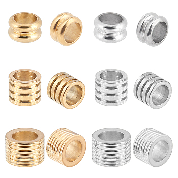 304 Stainless Steel Beads, Large Hole Beads, Grooved, Column, Mixed Color, 10~13x6~8.5mm, Hole: 6.8~8mm, 12pcs/box