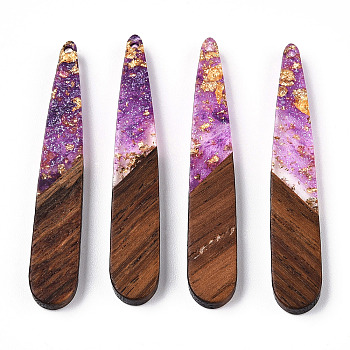 Transparent Resin & Walnut Wood Pendants, with Gold Foil, Teardrop Charms, Waxed, Medium Orchid, 44x7.5x3.5mm, Hole: 1.5mm