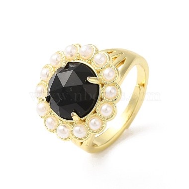 Natural Mixed Gemstone Flower Adjustable Ring with Plastic Pearl Beaded(RJEW-E075-02G)-5