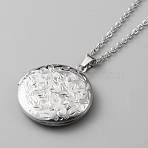 304 Stainless Steel Photo Locket Necklace, Flat Round with Flower Pendant Necklace with Cable Chains for Women, Stainless Steel Color, 17.72 inch(45cm)(NJEW-WH0016-10)