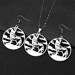 304 Stainless Steel Dangle Earrings & Pendant Necklaces Sets, Flat Round with Wolf, Stainless Steel Color, Necklaces: 15.75 inch(40cm)(FS-WG624D7-01)