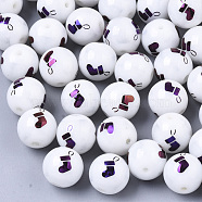 Christmas Opaque Glass Beads, Round with Electroplate Christmas Sock Pattern, Purple Plated, 10mm, Hole: 1.2mm(EGLA-R113-04G)