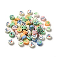 Mother's Day Handmade Polymer Clay Beads, Flat Round, Flower Pattern, 9~9.5x4~5mm, Hole: 1.6mm(CLAY-E001-01B)