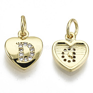Brass Micro Pave Clear Cubic Zirconia Charms, with Jump Ring, Heart with Letter, Real 16K Gold Plated, Nickel Free, Letter.D, 10x9x2mm, Jump Ring: 5x1mm, 3mm inner diameter(KK-N227-34D-NF)