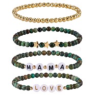 Love Mama Beads Stacking Stretch Bracelets Set for Mother's Day, Natural African Turquoise(Jasper) & Synthetic Hematite Round Beads Stone Bracelets, Star Bracelets, Golden, Inner Diameter: 2-1/4 inch(5.7cm), 4pcs/set(BJEW-SZ0001-90)