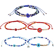 3 Sets 3 Colors Adjustable Nylon Cord Braided Bead Bracelets Sets, with Evil Eye Lampwork Beads, Glass Seed Beads, Frosted Glass Beads and Brass Beads, Mixed Color, Inner Diameter: 2~4 inch(5.2~10.2cm), 2pcs/set, 1set/color(BJEW-SZ0001-49)