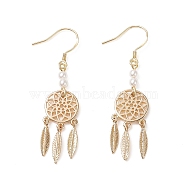 Brass Dangle Earrings for Women, with Plastic Beads and 925 Sterling Silver Pins, Woven Web/Net with Feather, Light Gold, 51mm, Pendant: 36.5x12x2mm, Pin: 0.9mm(EJEW-E269-01LG)