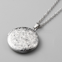 304 Stainless Steel Photo Locket Necklace, Flat Round with Flower Pendant Necklace with Cable Chains for Women, Stainless Steel Color, 17.72 inch(45cm)(NJEW-WH0016-10)