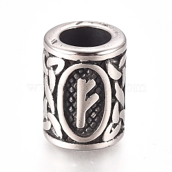 304 Stainless Steel European Beads, Large Hole Beads, Column with Runes/Futhark/Futhor, Antique Silver, 13.5x10mm, Hole: 6mm(OPDL-G010-07AS-08B)