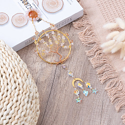 Flat Round with Tree of Life Copper Wire Wrapped Natural Citrine Chip Pendant Decorations, Hanging Suncatchers, with Glass Charm, for Home Car Decorations, Moon, Golden & Rose Gold, 430mm(AJEW-Q143-10)