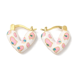 Rack Plating Brass Enamel Hoop Earrings, Cadmium Free & Lead Free, Long-Lasting Plated, Heart, Real 18K Gold Plated, White, 16x4.5mm(EJEW-B062-11G-02)