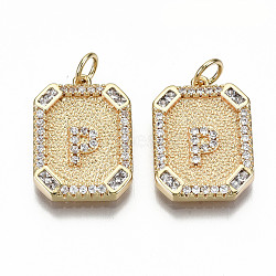 Brass Micro Pave Clear Cubic Zirconia Pendants, Nickel Free, Real 18K Gold Plated, Rounded Rectangle with Word, Letter.P, 19x14x2.5mm, Jump Ring: 5x0.7mm, 3mm inner diameter(KK-S356-234P-G-NF)