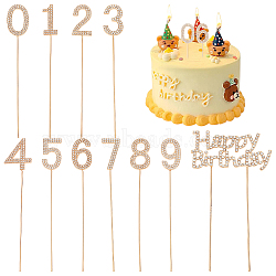 1 Set Alloy Rhinestone Cake Toppers, Cake Inserted Cards, Number 0~9 & Word Happy Brithday, Golden, 156~164x16~92.5x4.5~5mm, 11pcs/set(DIY-FG0003-56G)