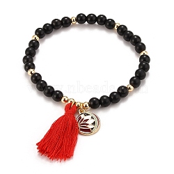 Stretch Bracelets Sets, Stackable Bracelets, Including Round Shape Natural Wood Beads & Brass Beads, Lotus Alloy Enamel Pendants and Cotton Thread Tassel, Coral, Inner Diameter: 2-1/4 inch(5.7cm), 3pcs/set(BJEW-SZ0001-38A)