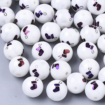 Christmas Opaque Glass Beads, Round with Electroplate Christmas Sock Pattern, Purple Plated, 10mm, Hole: 1.2mm