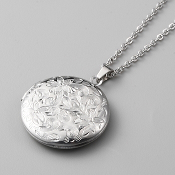 304 Stainless Steel Photo Locket Necklace, Flat Round with Flower Pendant Necklace with Cable Chains for Women, Stainless Steel Color, 17.72 inch(45cm)