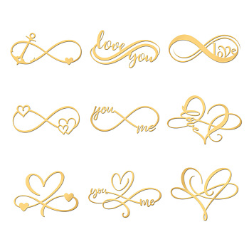 Nickel Decoration Stickers, Metal Resin Filler, Epoxy Resin & UV Resin Craft Filling Material, Golden, for Valentine's Day, Wedding, Infinity, 40x40mm, 9 style, 1pc/style, 9pcs/set