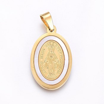 304 Stainless Steel Pendants, with Shell, Oval with Virgin Mary, White, Golden, 27x17x2mm, Hole: 7x4mm