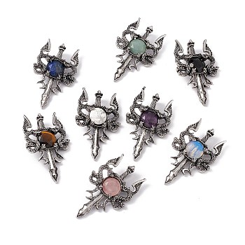 Gemstone Pendants, Sword Charms, with Rack Plating Antique Silver Tone Alloy Findings, Cadmium Free & Lead Free, Faceted, Mixed Dyed and Undyed, 48x29x6.5mm, Hole: 6x3.5mm