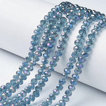 Electroplate Transparent Glass Beads Strands, Full Rainbow Plated, Faceted, Rondelle, Cyan, 4x3mm, Hole: 0.4mm, about 123~127pcs/strand, 16.5~16.9 inch(42~43cm)