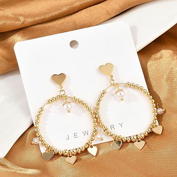 Brass ABS Plastic Pearl Dangle Stud Earrings, with Glass, Heart, Real 18K Gold Plated, 56x41.5mm