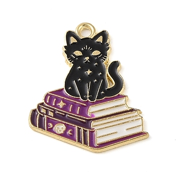 Halloween Alloy Eanaml Pendants, Golden, Magic Cat Charm, Book, 27x22x1.5mm, Hole: 2mm