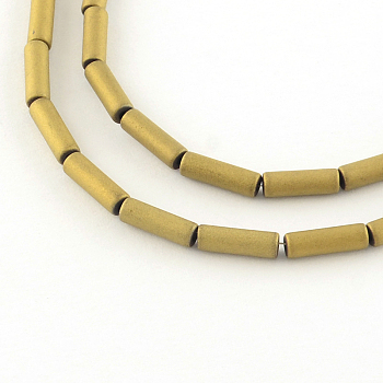 Tube Electroplate Non-magnetic Synthetic Hematite Bead Strands, Matte Style, Golden Plated, 9x3mm, Hole: 1mm, about 46pcs/strand, 16.1 inch