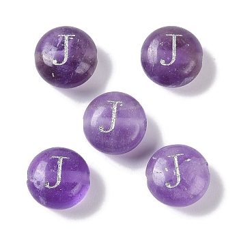 Natural Amethyst Beads, Rondelle with Letter, Letter J, 8.5~9x5~5.5mm, Hole: 1.2mm