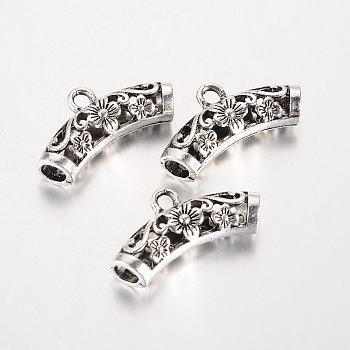 Tibetan Style Hollow Alloy Tube Bails, Loop Bails, Curved Tube Scarf Bail Beads, Antique Silver, 26x13x6.5mm, Hole: 2mm, Inner Diameter: 4mm