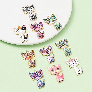 10Pcs 10 Style Alloy Enamel Pendants, Cadmium Free & Nickel Free & Lead Free, Golden, Cat Charms, Mixed Color, 30x19.5x2.5mm, Hole: 2.2mm, 1pc/style