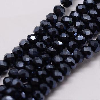 Electroplate Glass Bead Strands, Rondelle, Faceted, Pearl Luster Plated, Black, 3~3.5x2mm, Hole: 1mm, about 113~115pcs/strand, 32~33cm