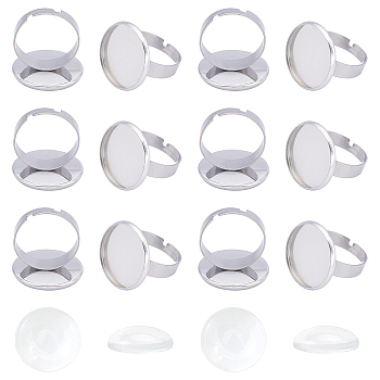 102Pcs DIY 304 Stainless Steel Adjustable Finger Ring Making Kits, Including Pad Ring Base Findings and Transparent Glass Cabochons, Stainless Steel Color, Size 7, 17.5mm, Tray: 18mm