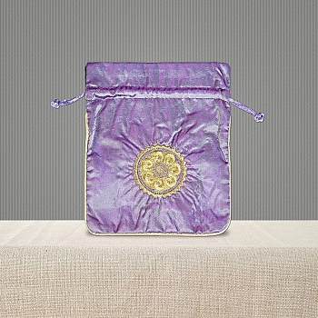 Chinese Style Brocade Drawstring Gift Blessing Bags, Jewelry Storage Pouches for Wedding Party Candy Packaging, Rectangle with Flower Pattern, Medium Purple, 18x15cm