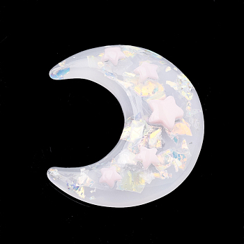 Resin Cabochons, with Shell Chip, Moon with Star, Alice Blue, 36x31x7mm