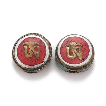 Handmade Tibetan Style Brass Beads, with Synthetic Turquoise, Flat Round, Red, 15.5x8mm, Hole: 1.8mm