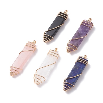 Natural Gemstone Big Pendants, with Light Gold Tone Copper Wire Wrapped, Sword, Mixed Color, 56~59x15~16x9~9.5mm, Hole: 3.5mm