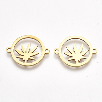 201 Stainless Steel Links connectors, Laser Cut Links, Flat Round with Pot Leaf/Hemp Leaf Shape, Golden, 15.5x19.5x1mm, Hole: 1.5mm