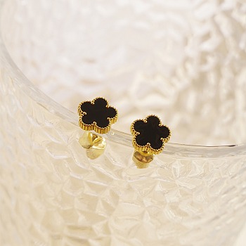 Golden 304 Stainless Steel Flower Stud Earrings with Natural Shell, Black, 9mm
