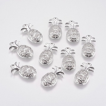 Brass Micro Pave Cubic Zirconia Charms, Pineapple, Real Platinum Plated, 16x9x2.5mm, Hole: 1.5mm